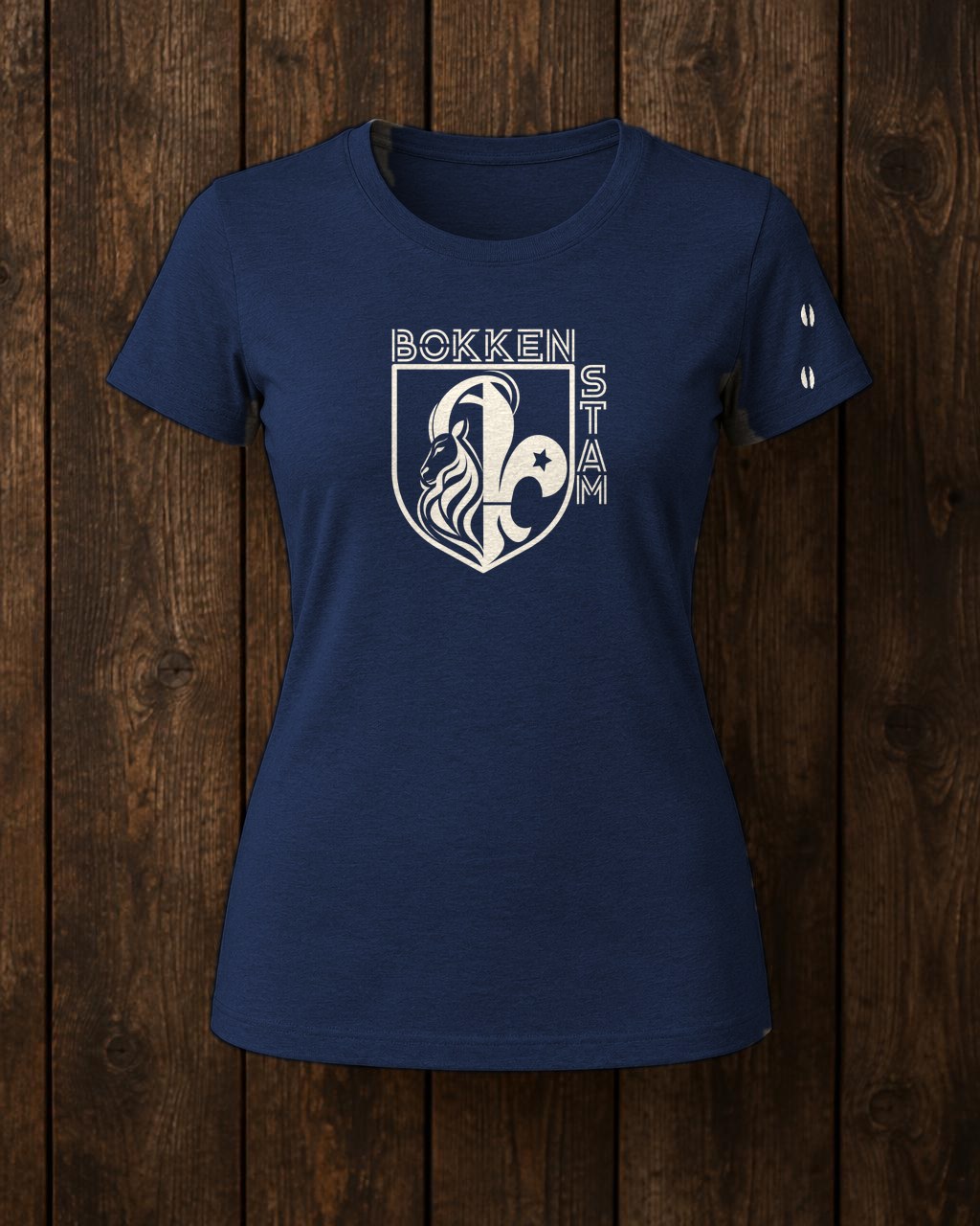 Navy Bokkenstam T-shirt Girly met het Bokkenstam-logo op de borst en bokkenhoeven langs de mouw