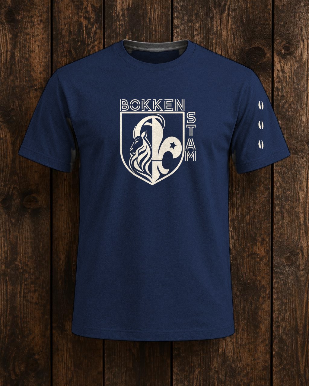 Navy Bokkenstam T-shirt Manny met het Bokkenstam-logo op de borst en bokkenhoeven langs de mouw